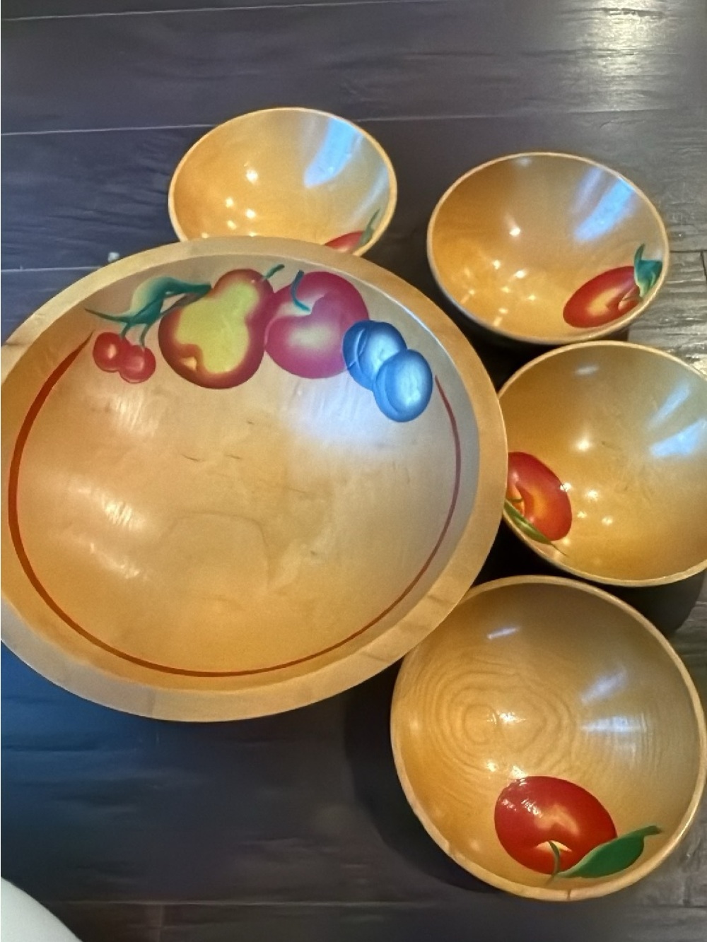 Hand-Painted Fruit Wooden Bowl Set in Natural Yellow with 4 bowls. 5 pieces!